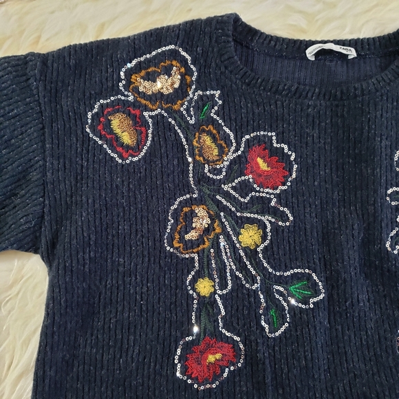VGUC Zara Knit Floral Sequin Embroidered 3/4 Sleeves Top Sweater Size L - Picture 7 of 13